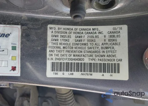 2016 Honda Civic Ex from USA, damaged, VIN 2HGFC1F33GH640820